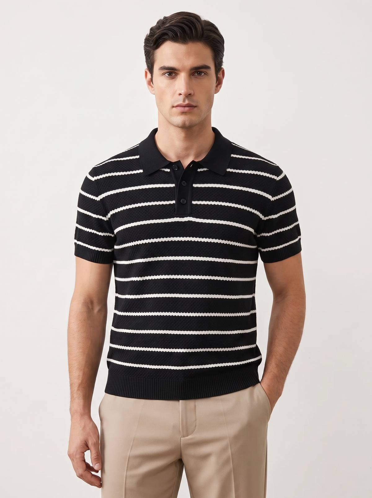 Black Striped Textured Button Polo