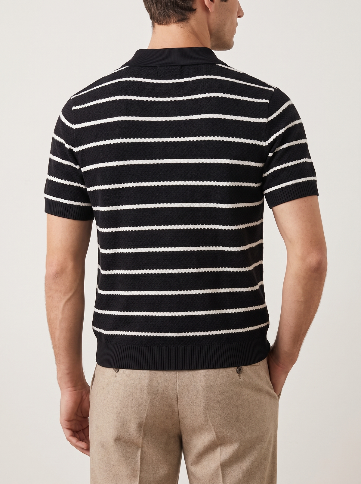 Black Striped Textured Button Polo
