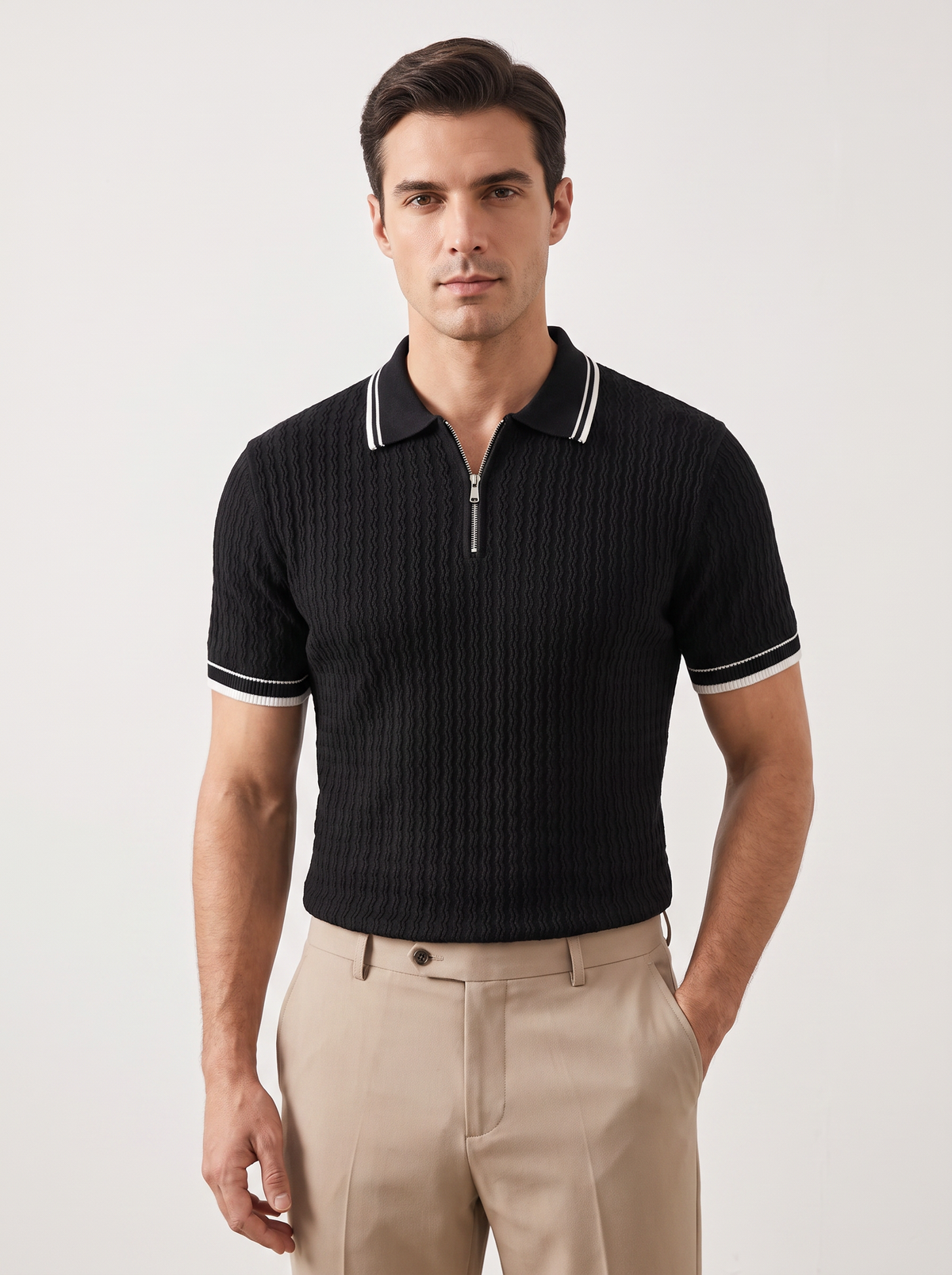 Black Wavy Textured Zipper Polo