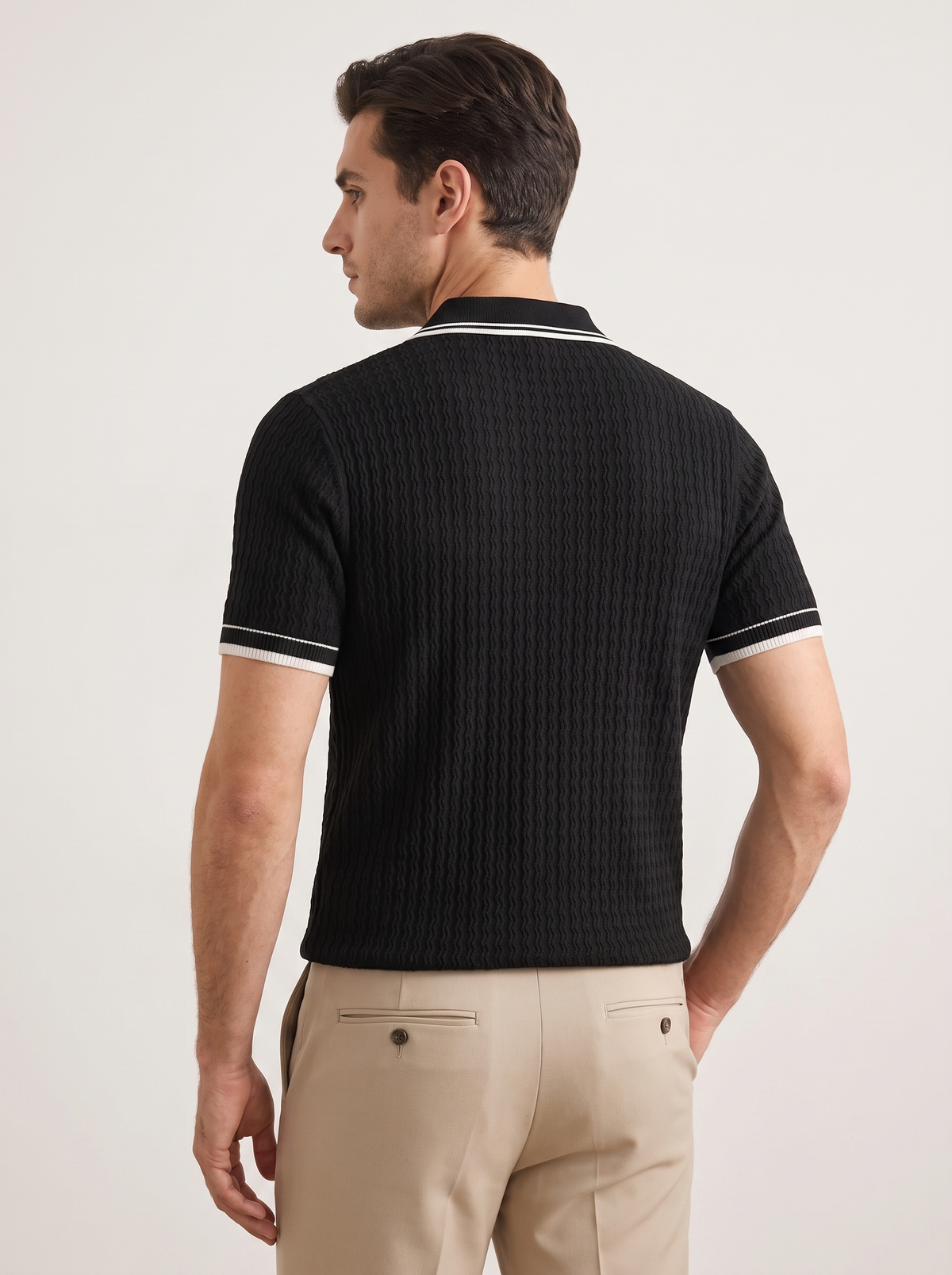 Black Wavy Textured Zipper Polo