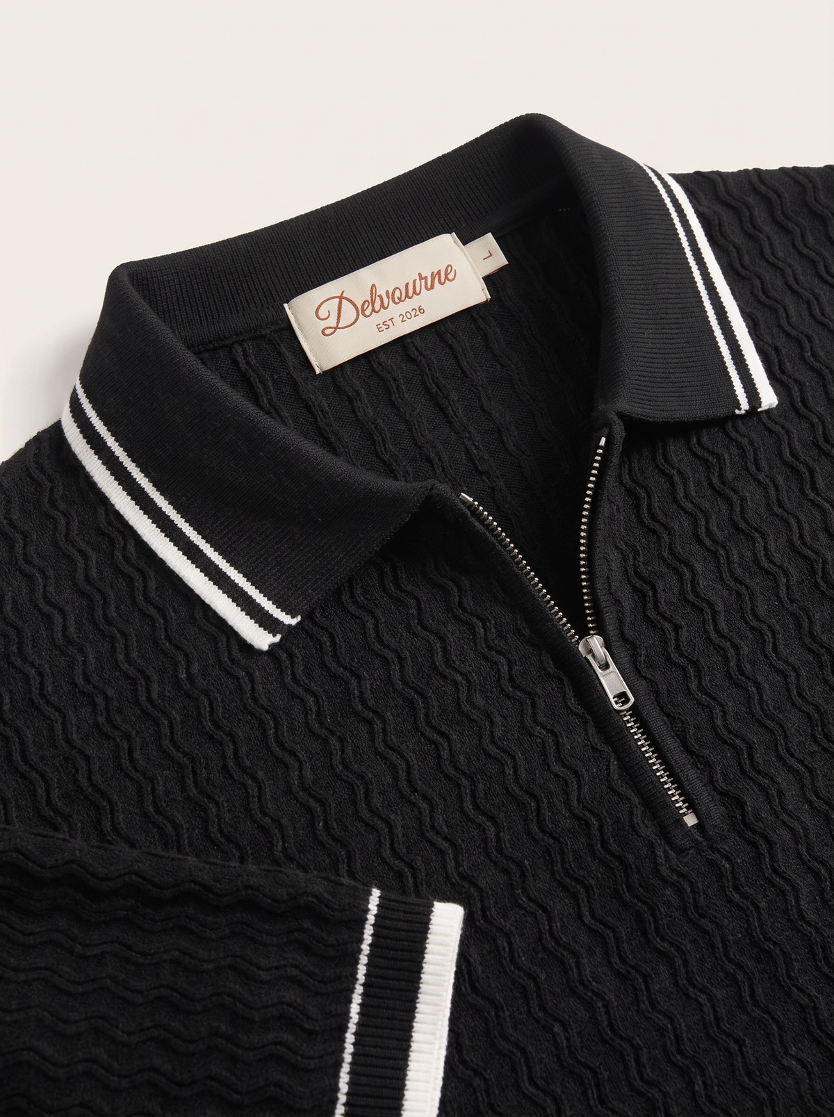 Black Wavy Textured Zipper Polo