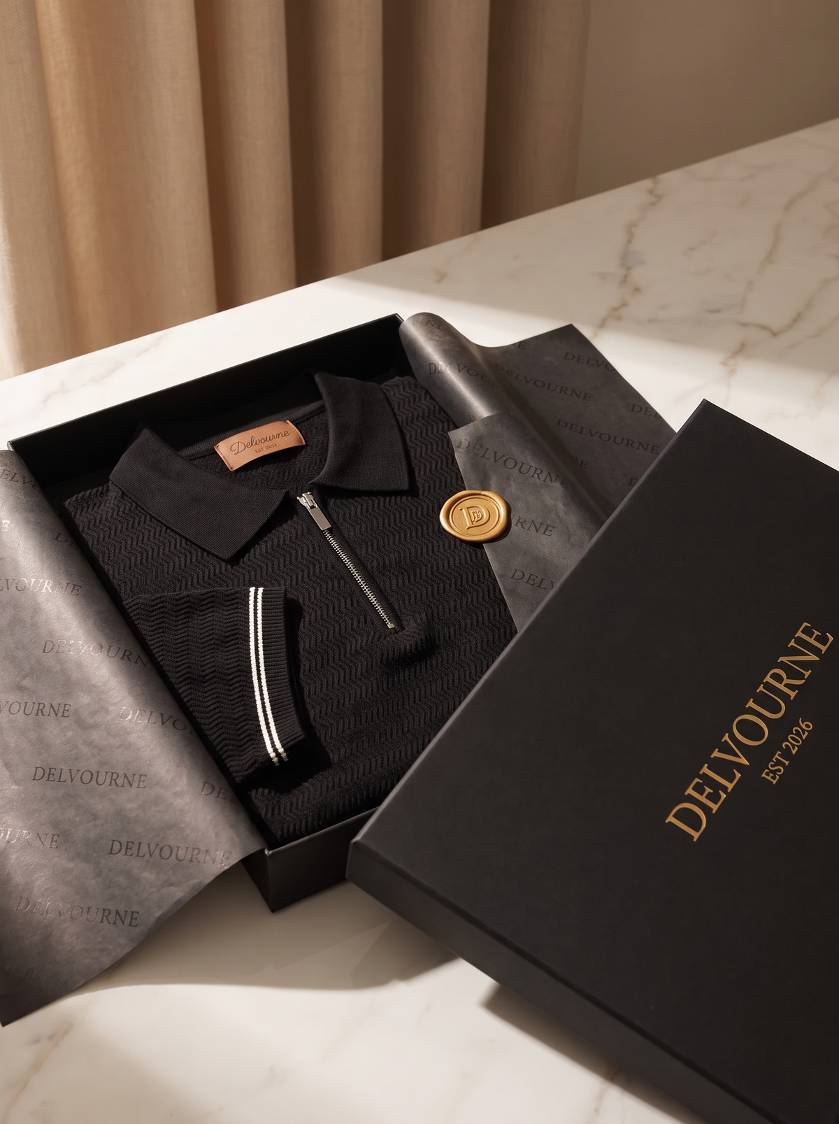 Black Zigzag Textured Zipper Polo