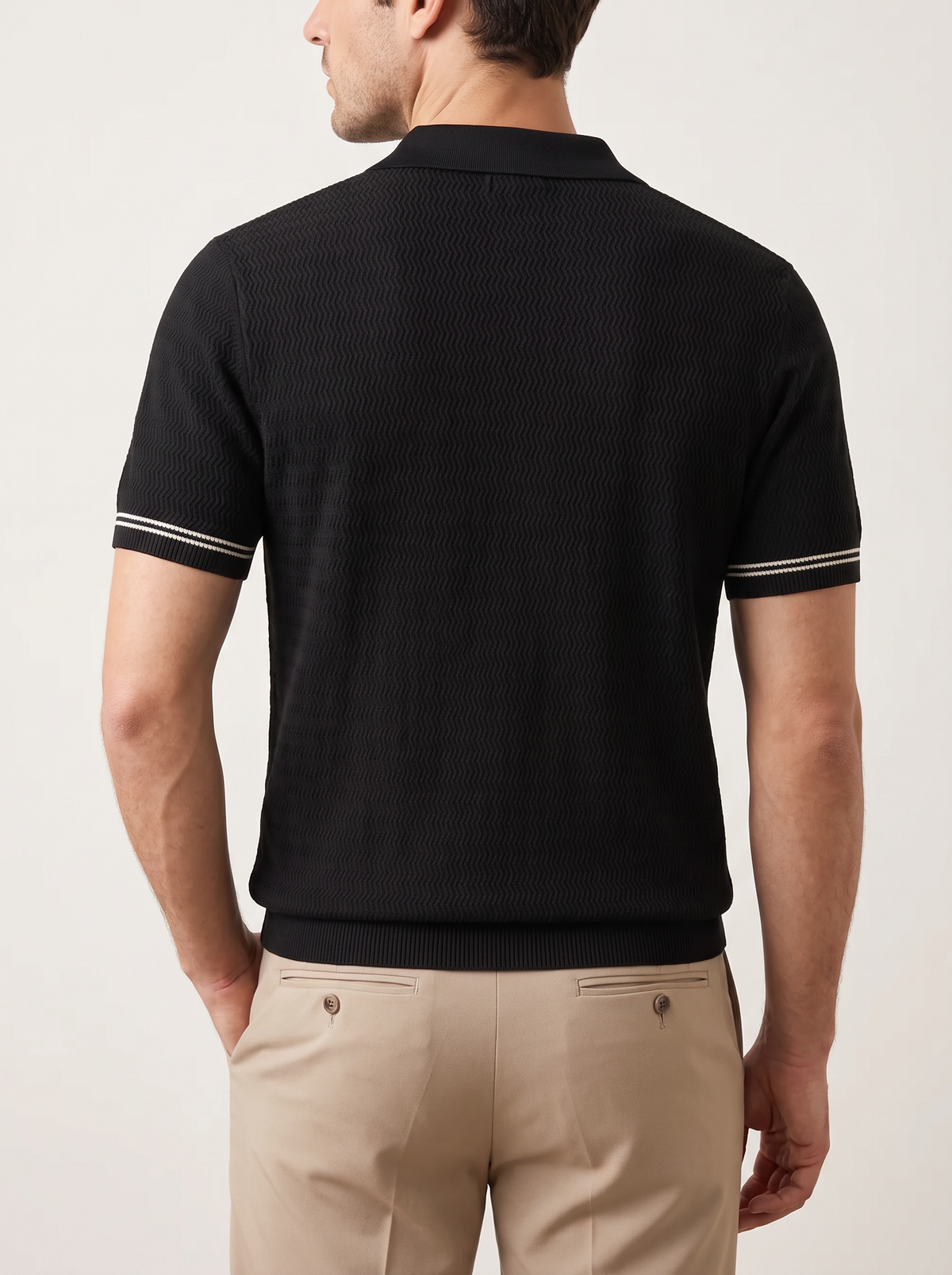 Black Zigzag Textured Zipper Polo