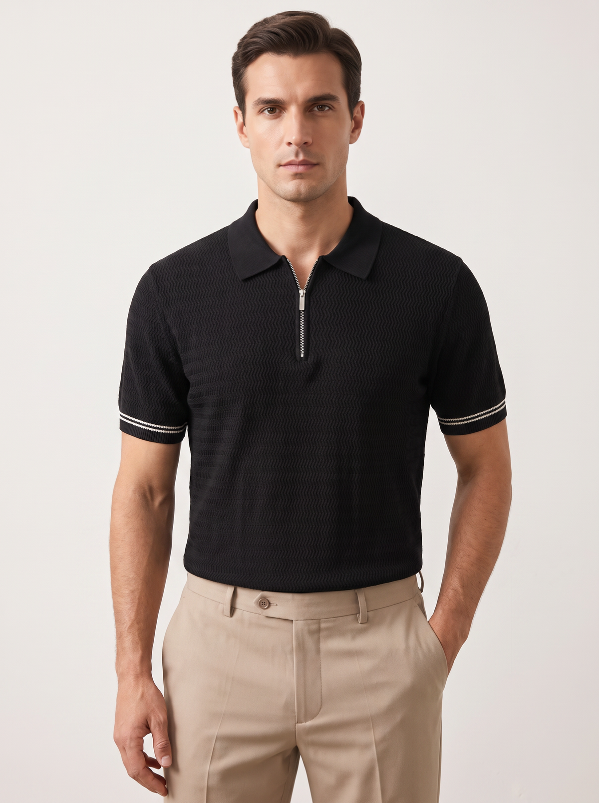 Black Zigzag Textured Zipper Polo