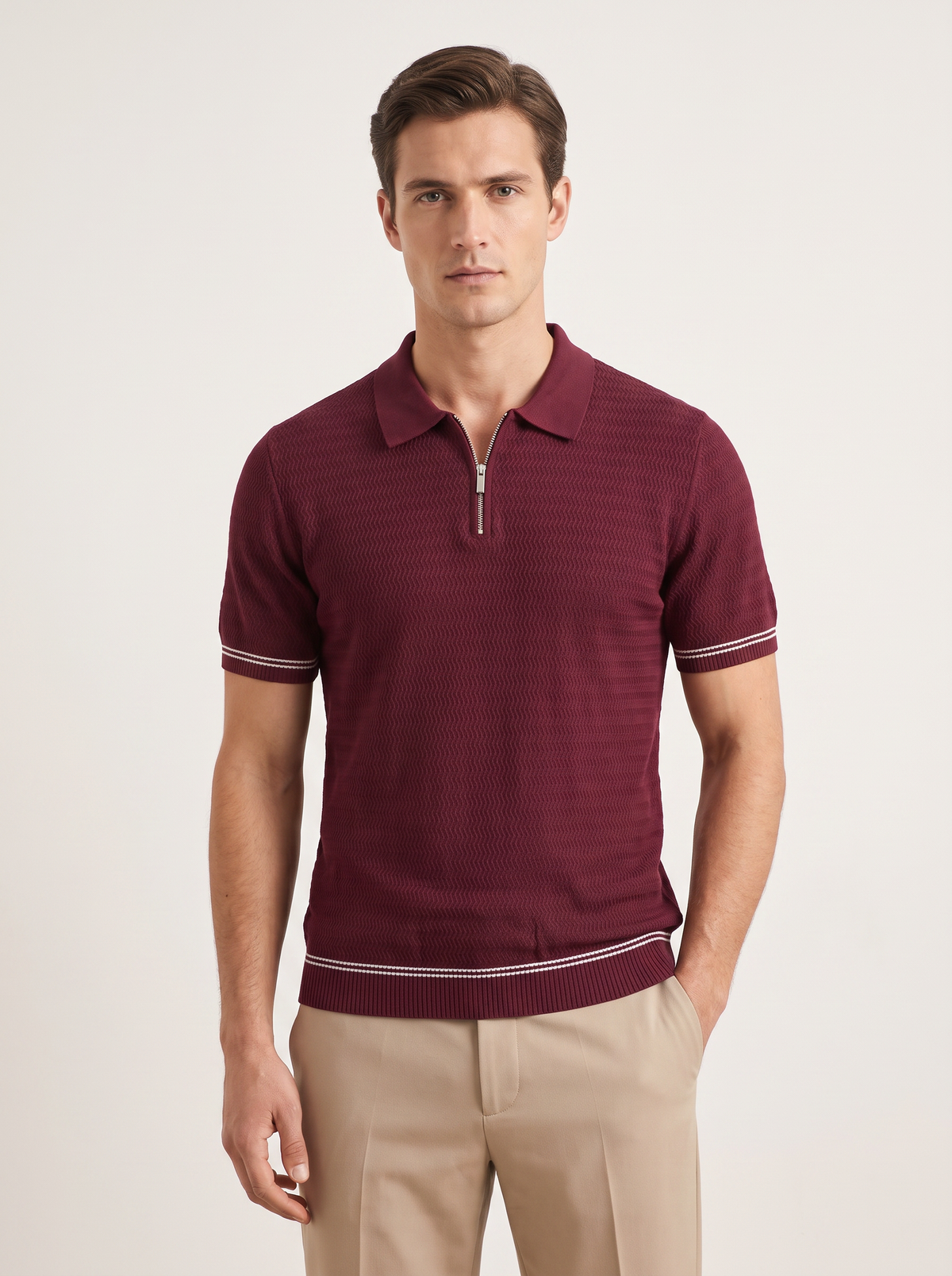 Bordeaux Zigzag Textured Zipper Polo