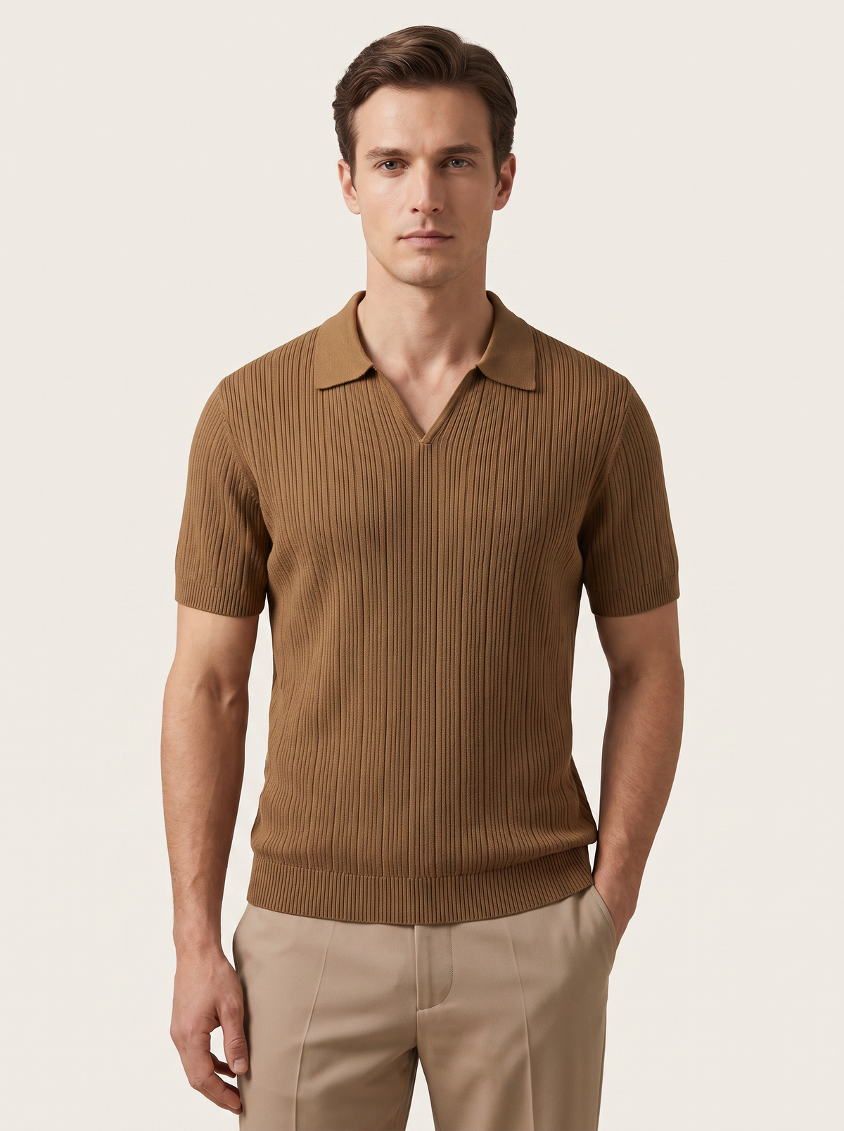 Caramel Open Collar Ribbed Polo