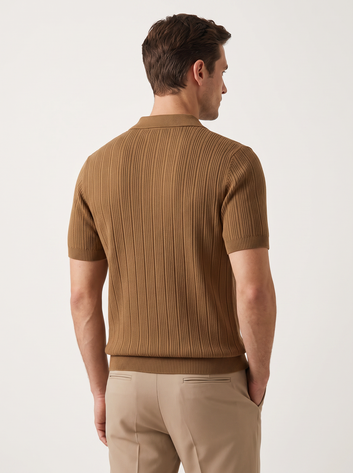 Caramel Open Collar Ribbed Polo