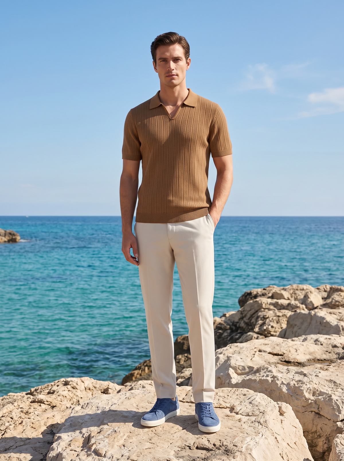 Caramel Open Collar Ribbed Polo