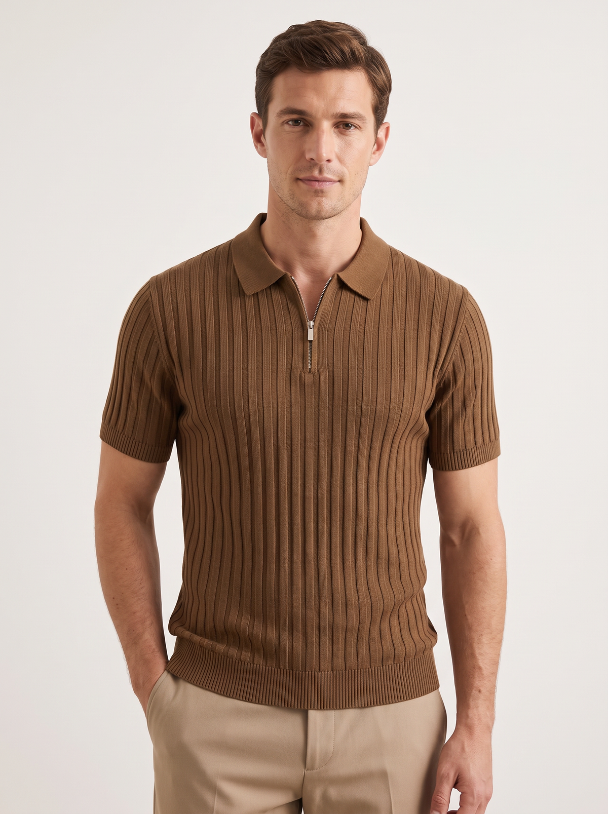 Caramel Ribbed Zipper Polo