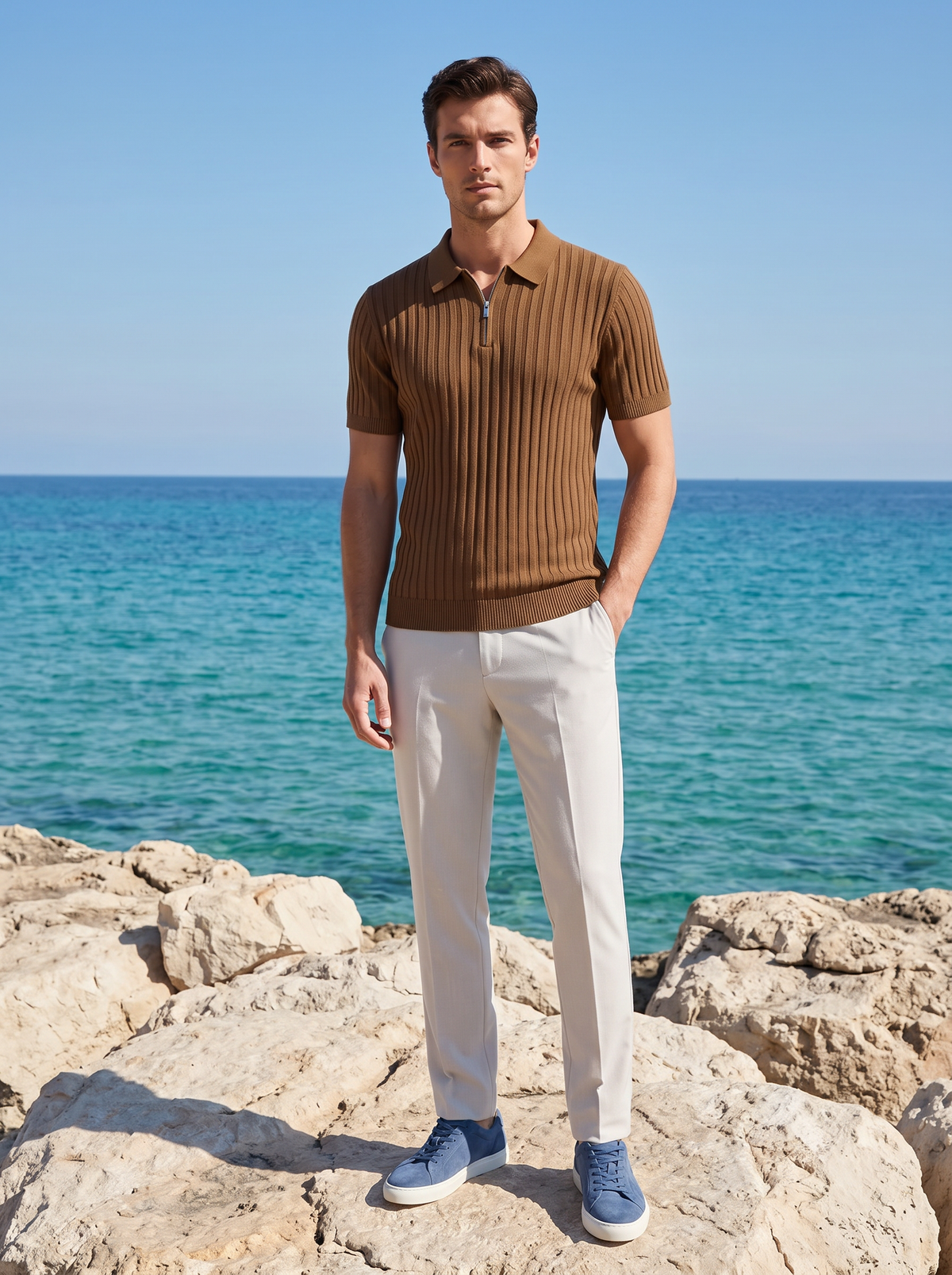 Caramel Ribbed Zipper Polo