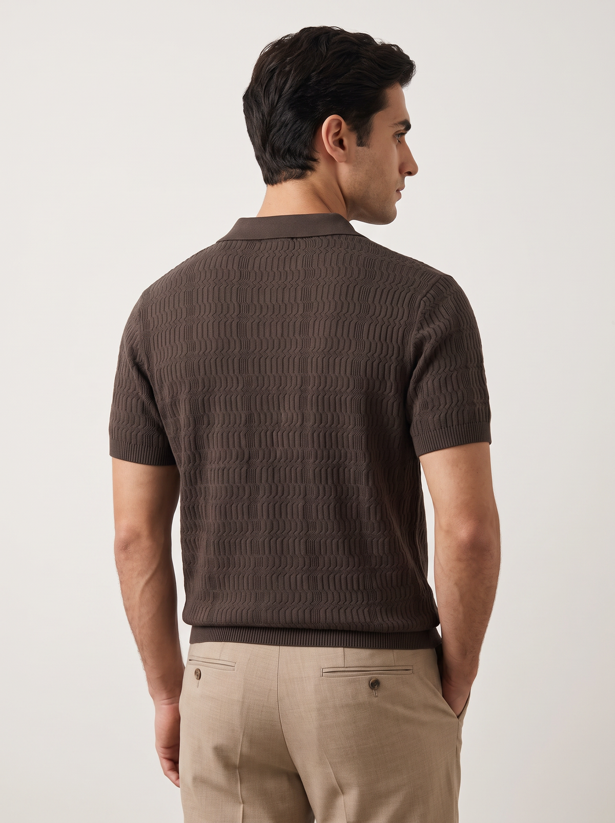 Coffee Patterned Knit Buttonless Polo