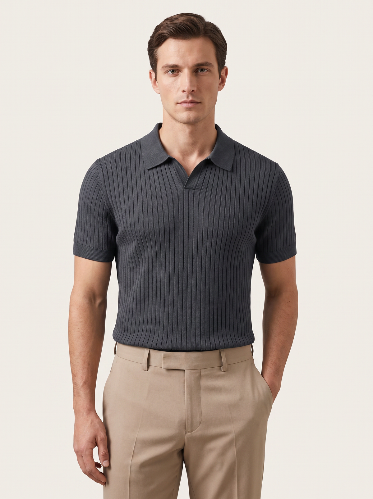 Dark Gray Ribbed Buttonless Polo