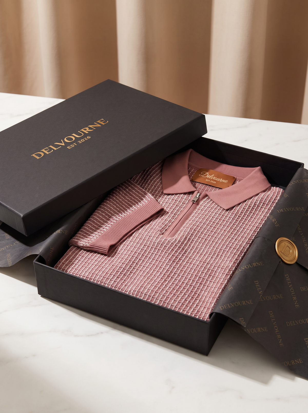 Dusty Rose Geometric Textured Zipper Polo