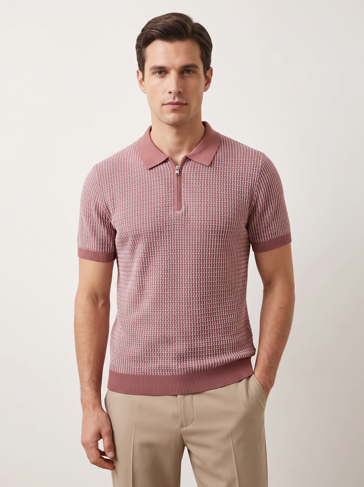 Dusty Rose Geometric Textured Zipper Polo