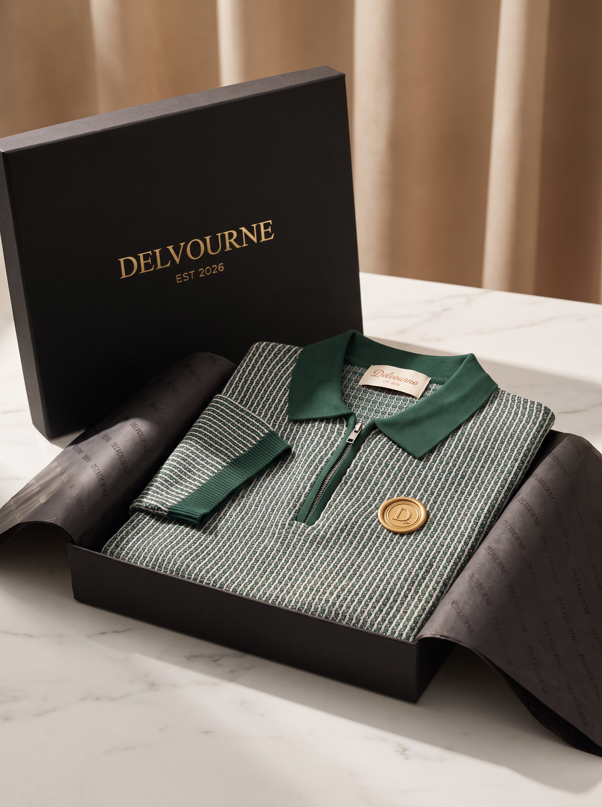 Green Geometric Textured Zipper Polo