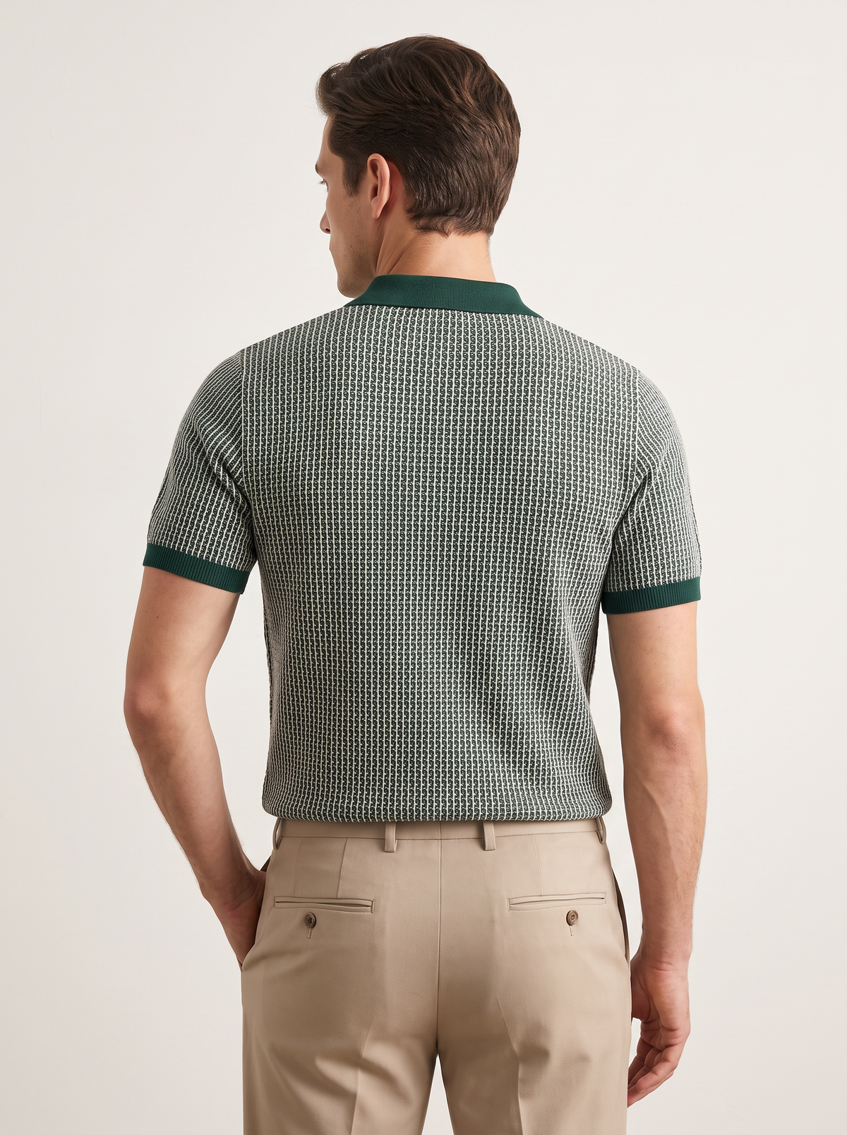 Green Geometric Textured Zipper Polo