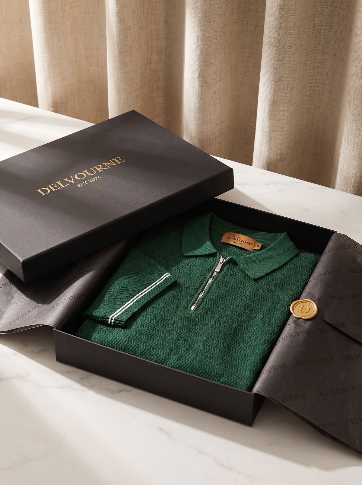 Green Zigzag Textured Zipper Polo