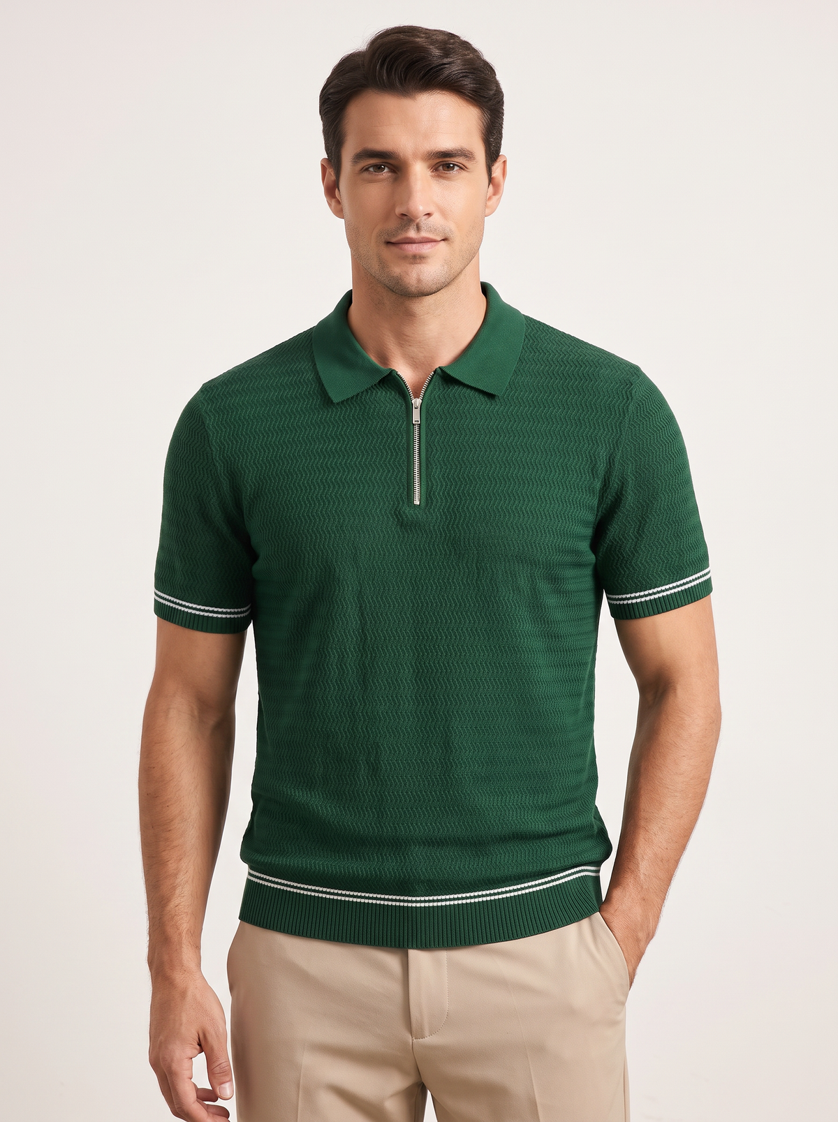 Green Zigzag Textured Zipper Polo