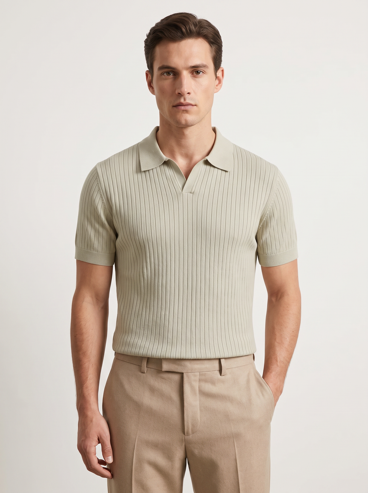 Khaki Ribbed Buttonless Polo