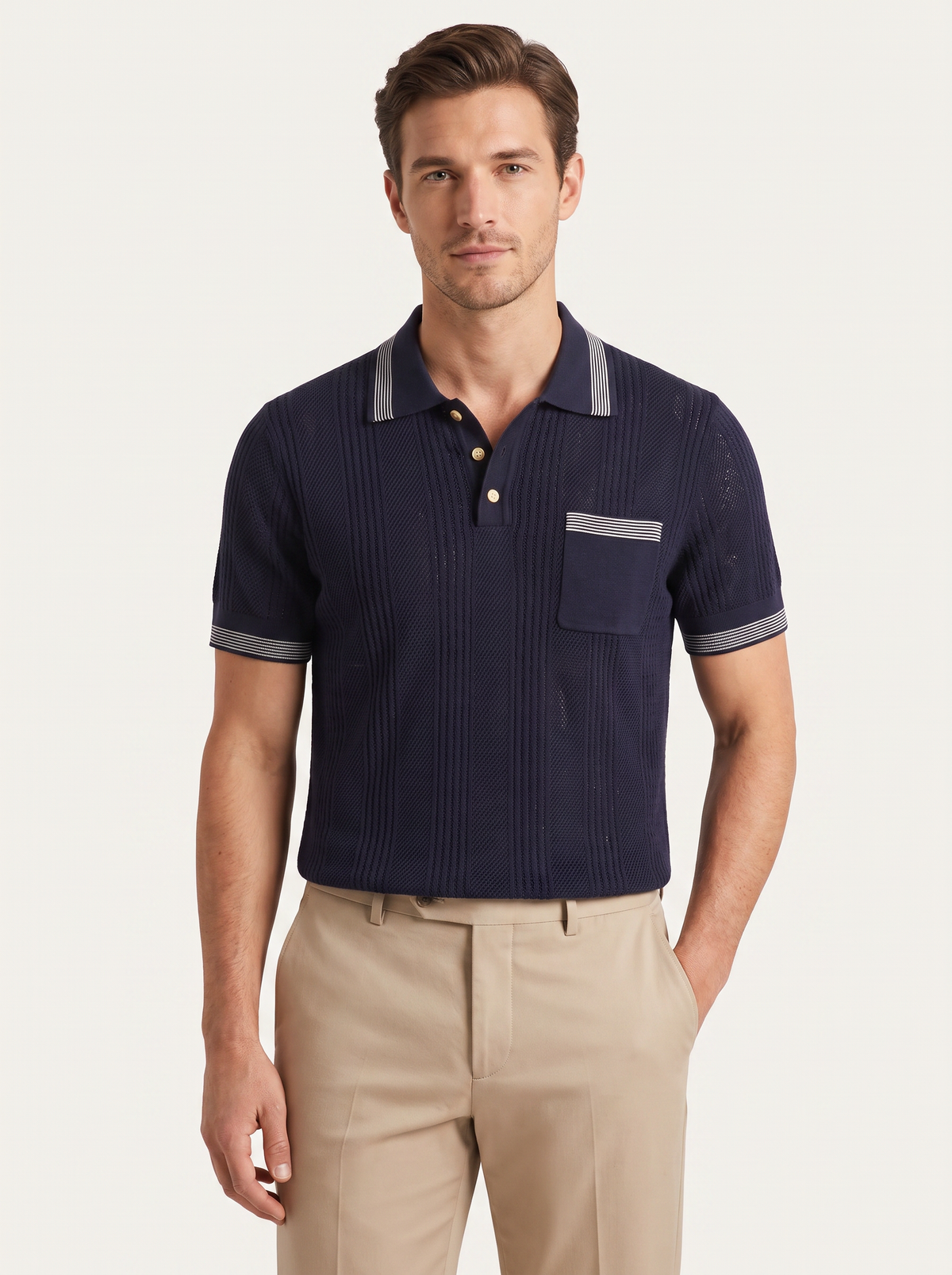 Leon Navy Blue Open Knit Lightweight Polo