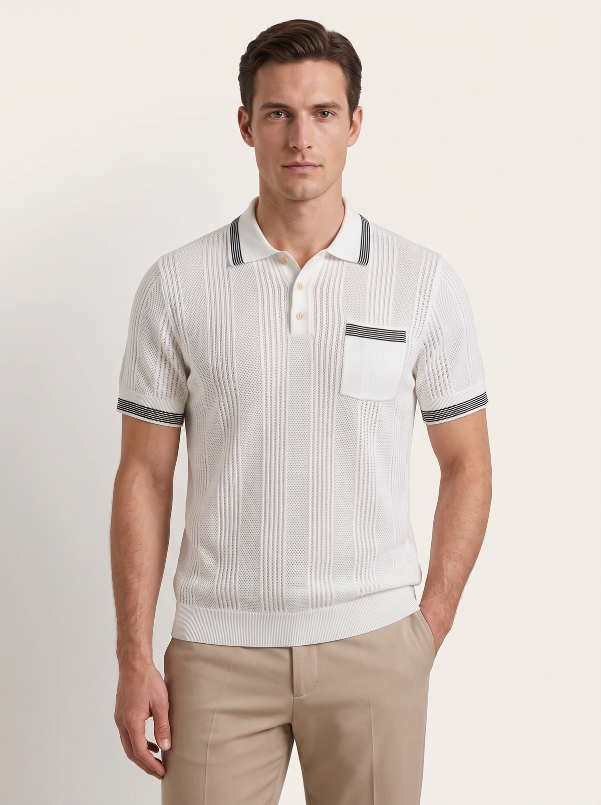 Leon White Open Knit Lightweight Polo