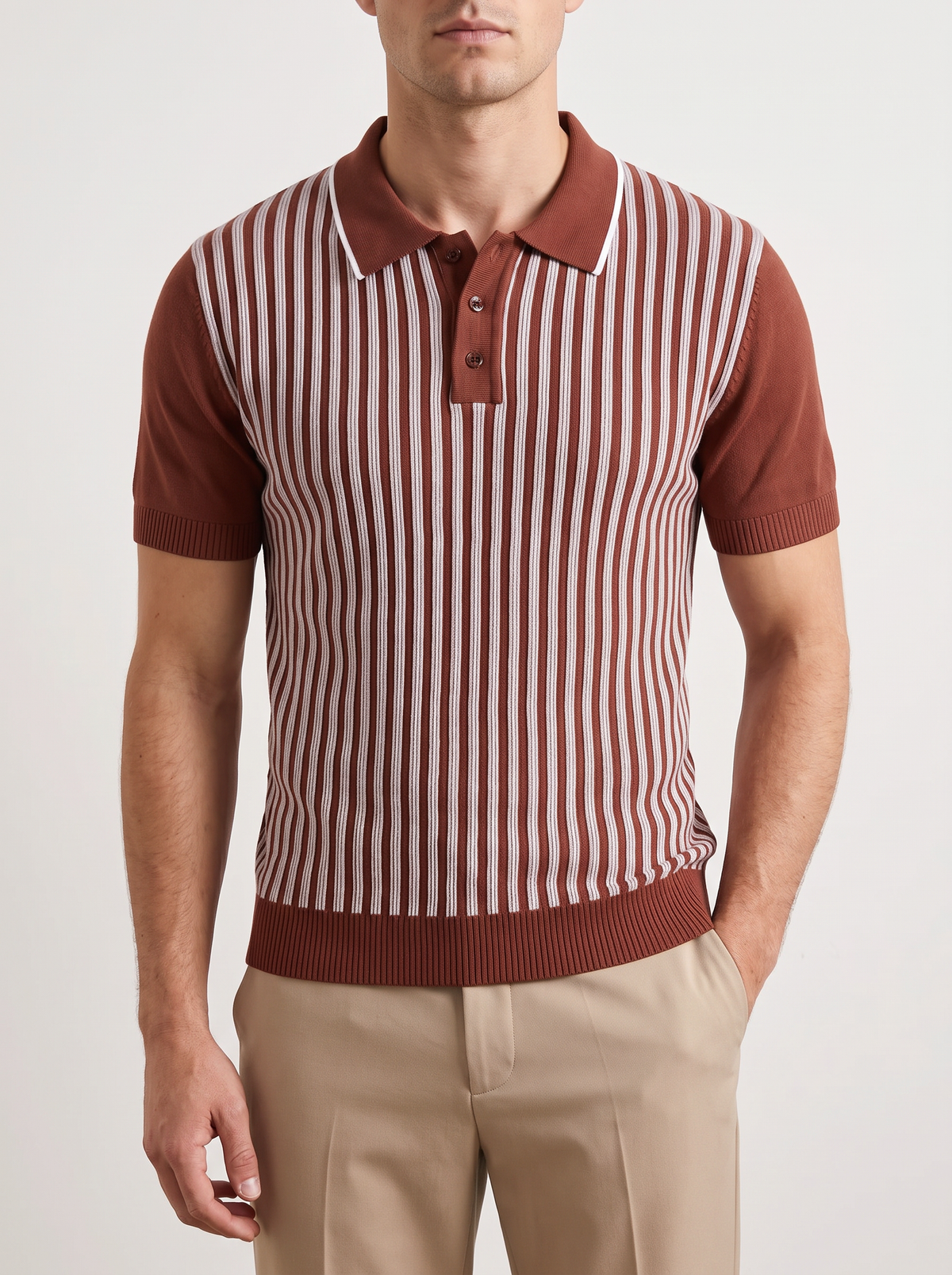 Rust Brown Vertical Striped Polo