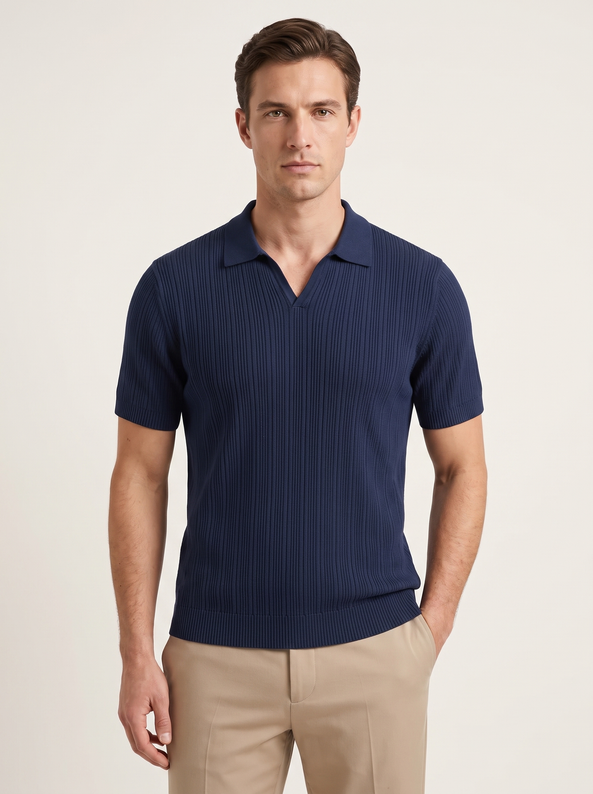 Navy Open Collar Ribbed Polo