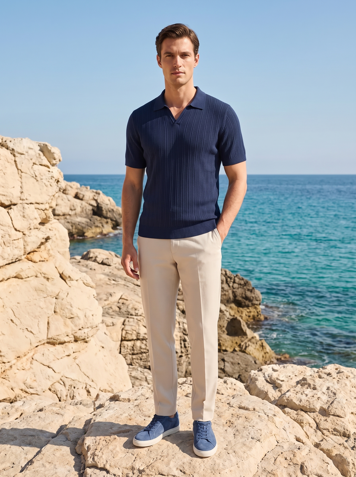 Navy Open Collar Ribbed Polo