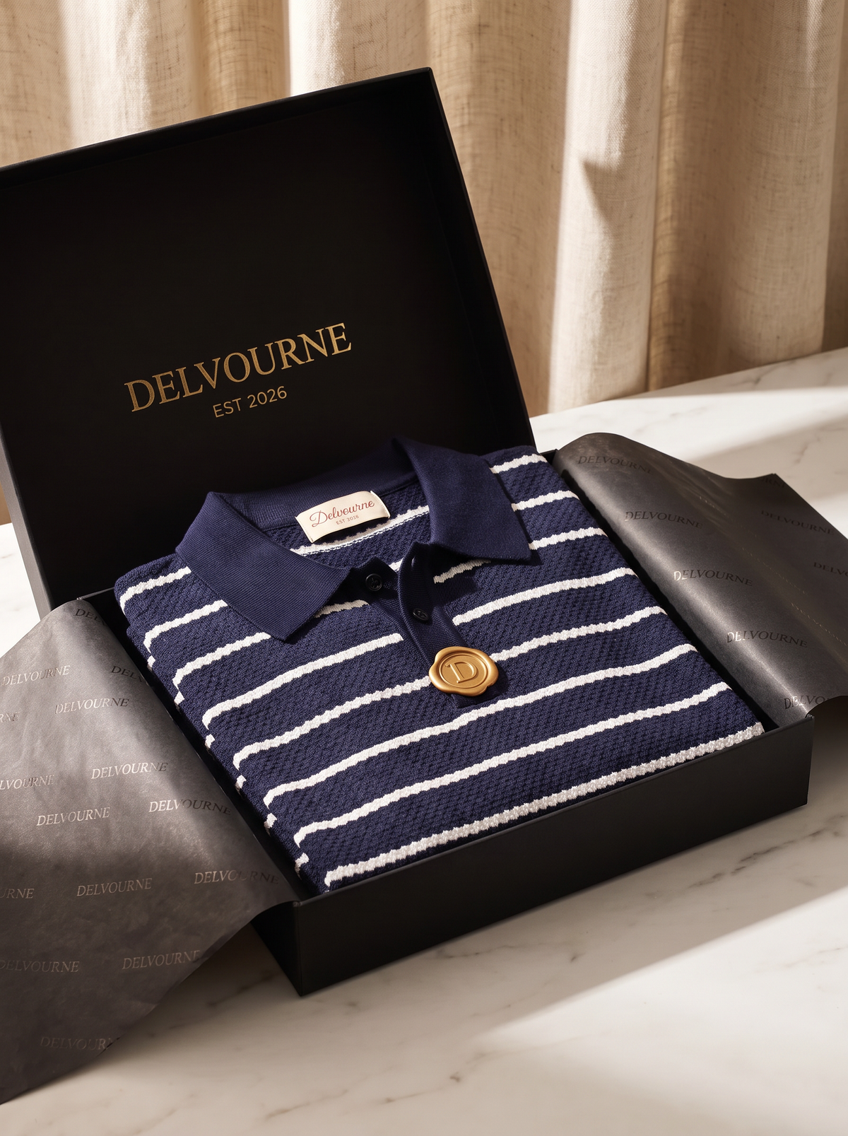 Navy Striped Textured Button Polo