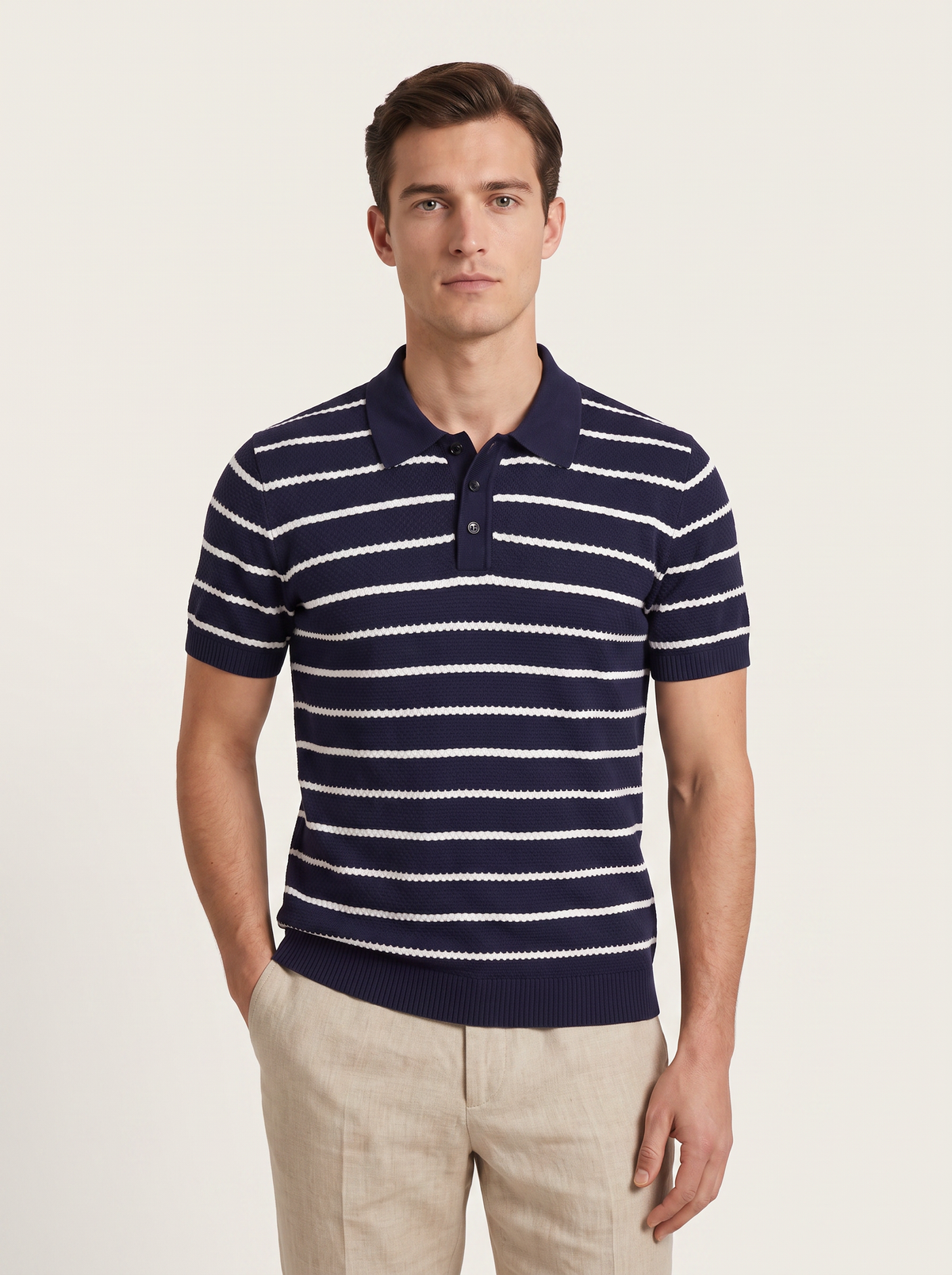 Navy Striped Textured Button Polo
