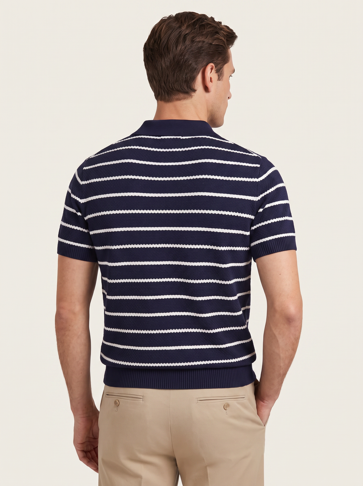 Navy Striped Textured Button Polo