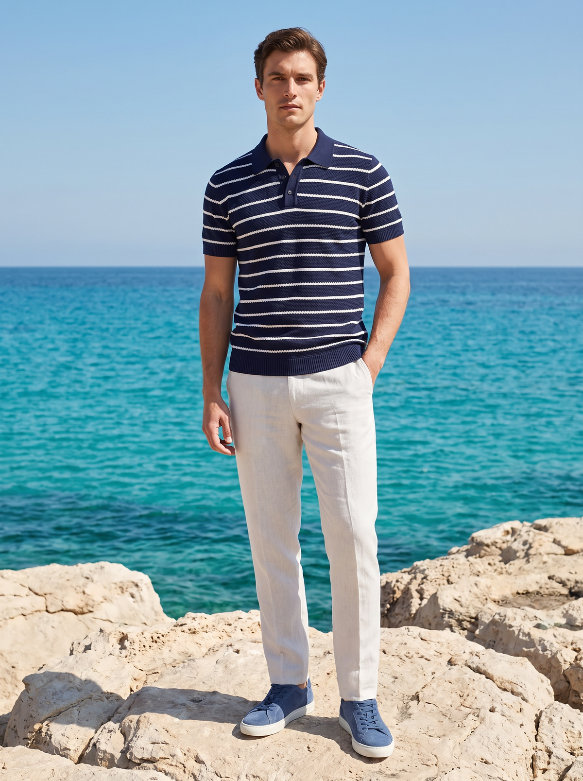 Navy Striped Textured Button Polo