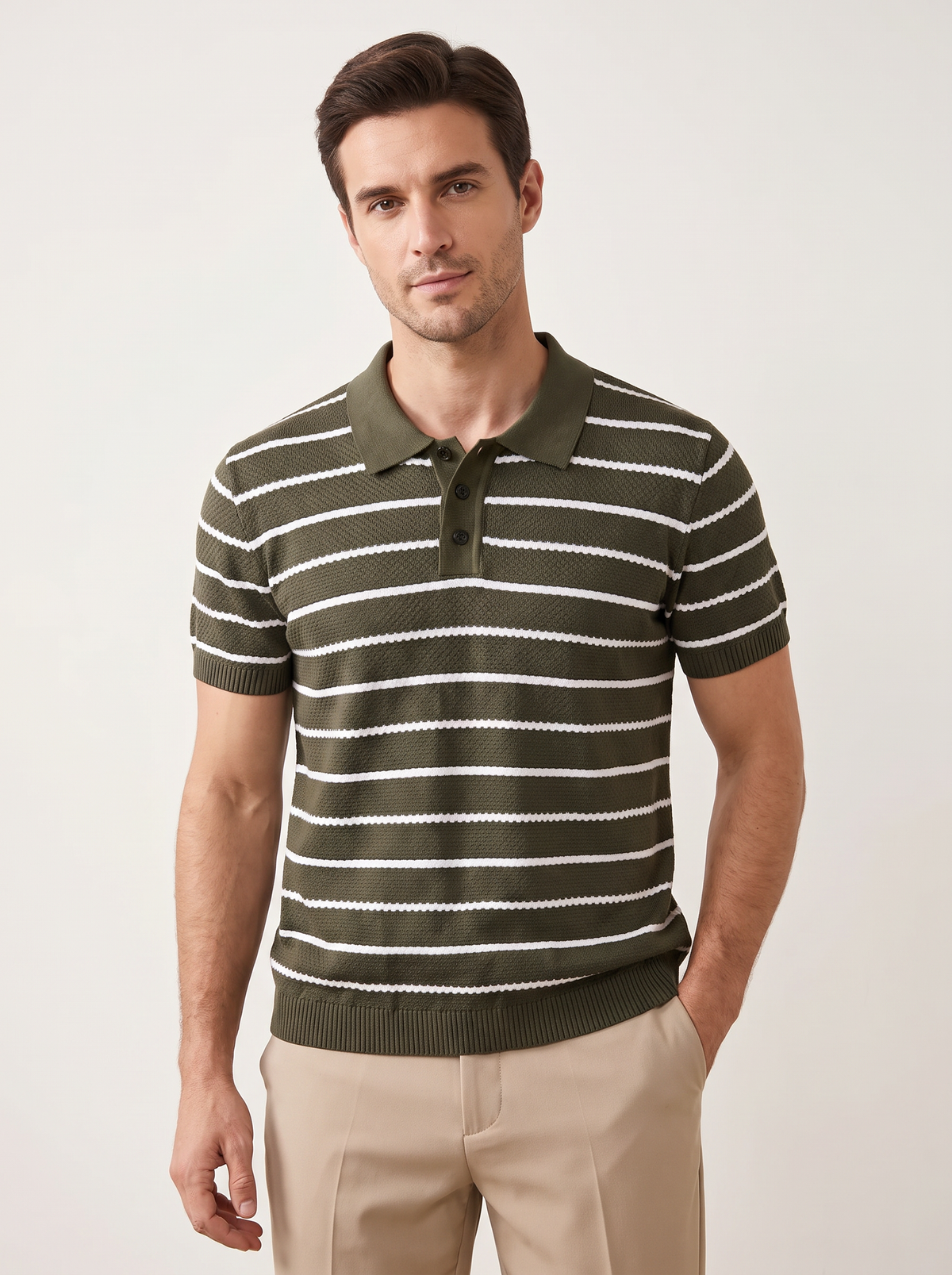 Olive Striped Textured Button Polo