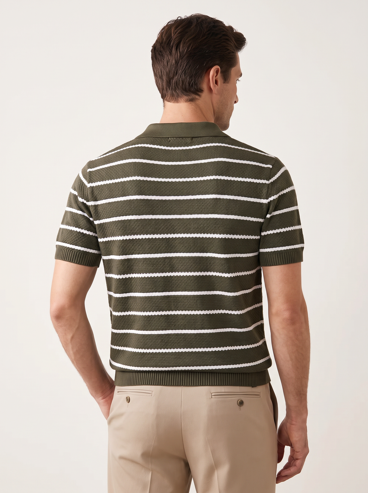 Olive Striped Textured Button Polo
