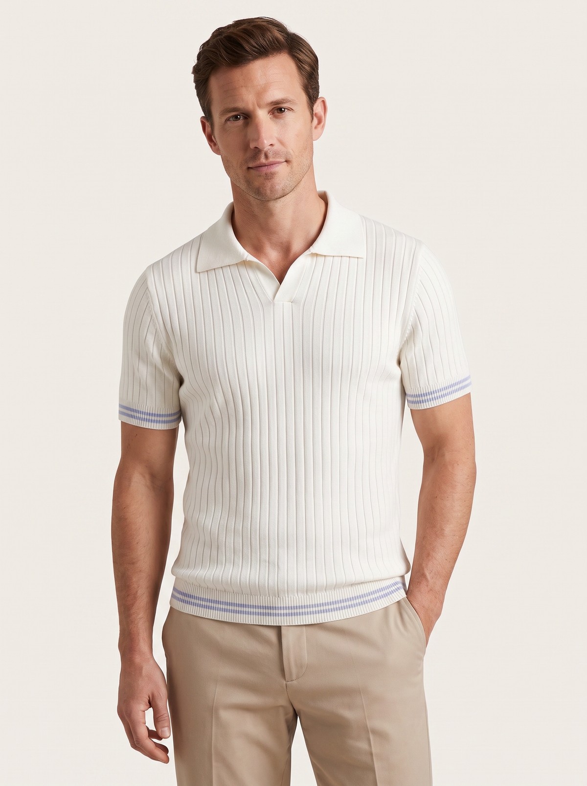 Pierre Ivory Ribbed Buttonless Polo