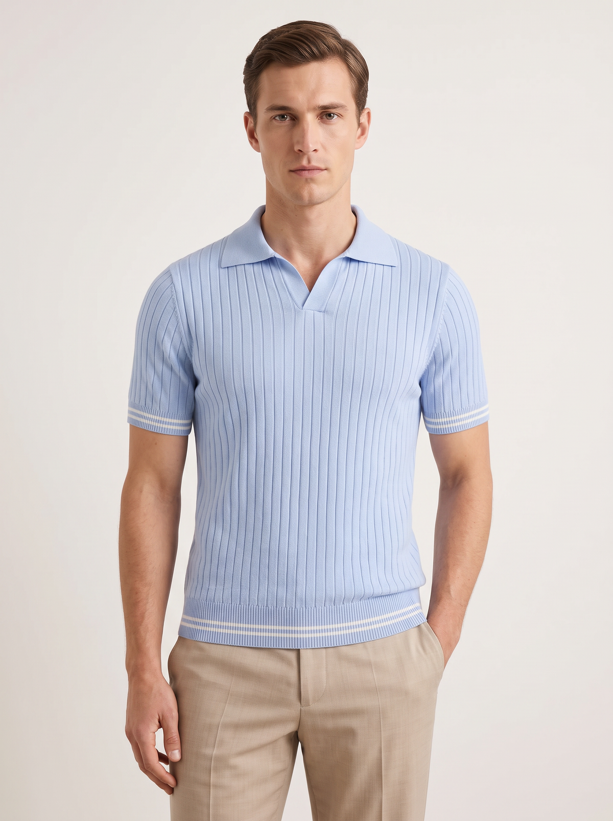 Pierre Light Blue Ribbed Buttonless Polo