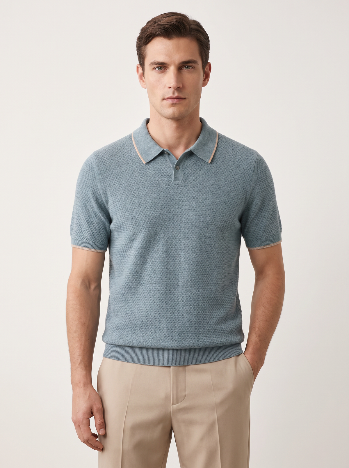Premium Cashmere Sea Blue Two-Tone Polo