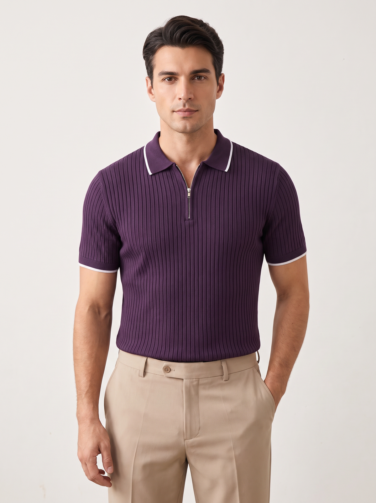 Purple Contrast Trim Zipper Polo