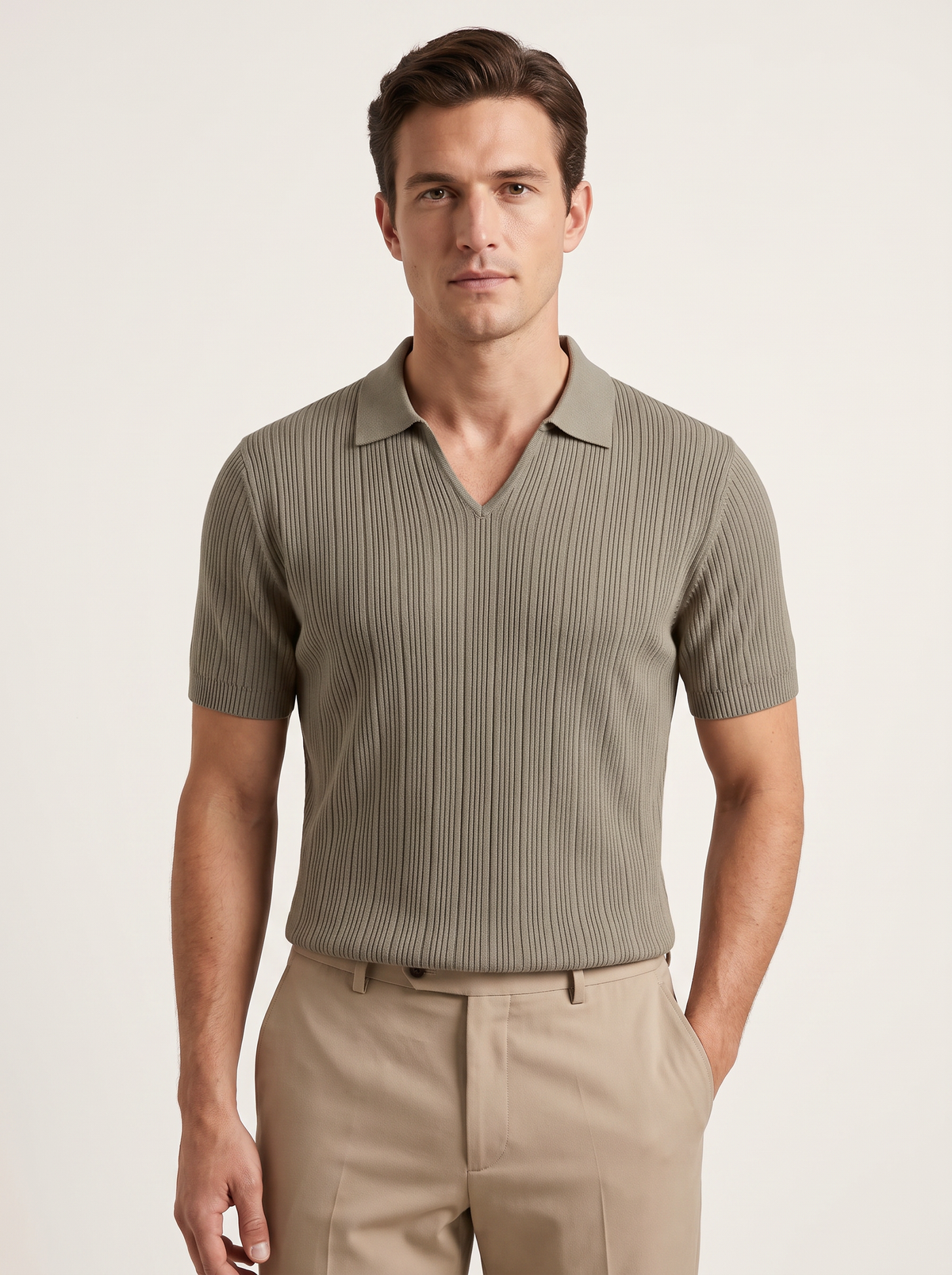 Taupe Open Collar Ribbed Polo