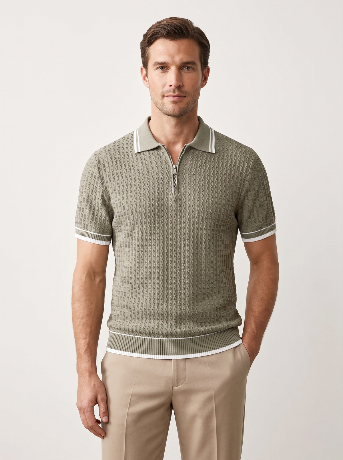 Taupe Wavy Textured Zipper Polo