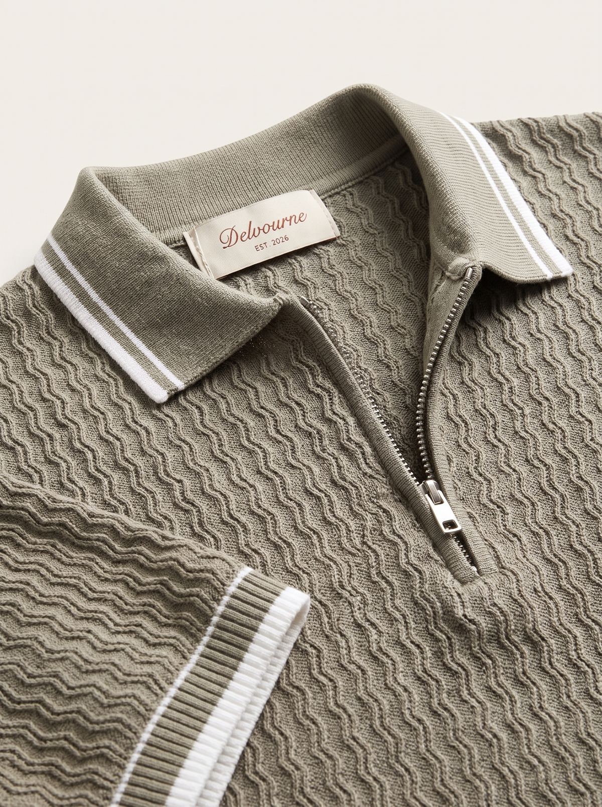 Taupe Wavy Textured Zipper Polo