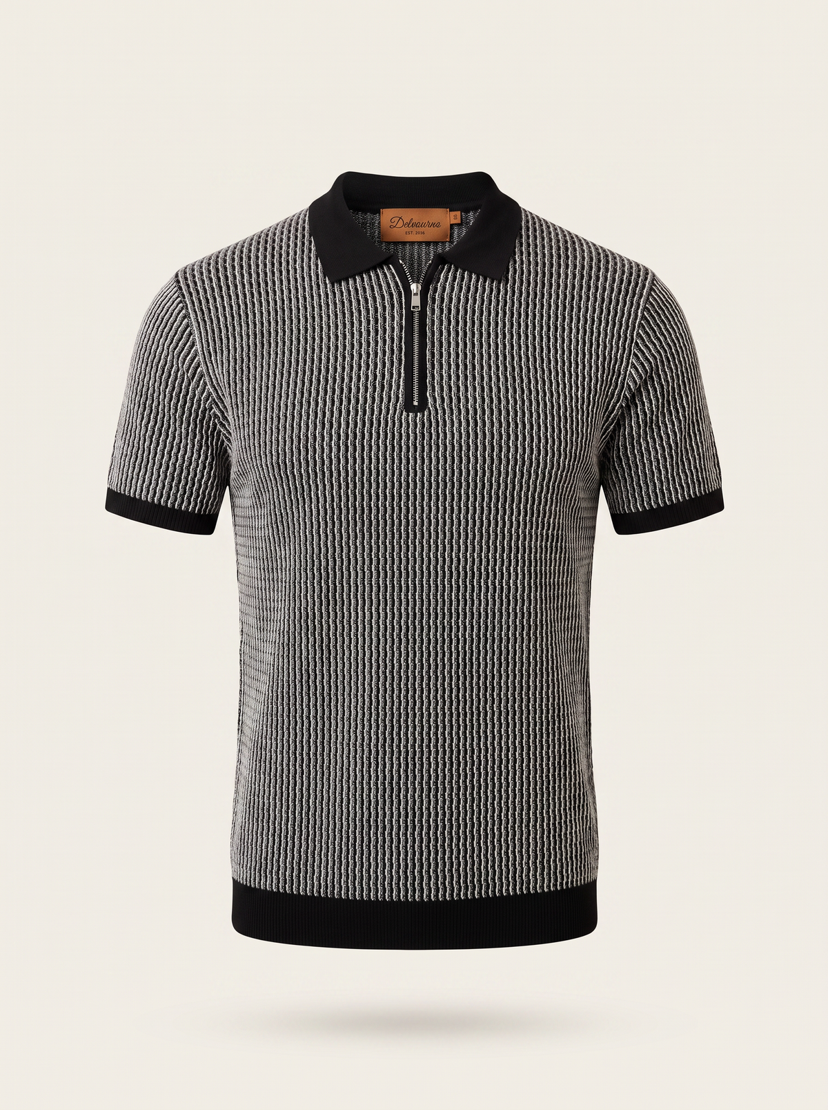 Black Geometric Textured Zipper Polo
