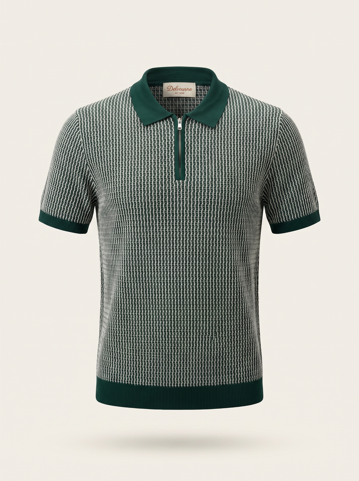 Green Geometric Textured Zipper Polo