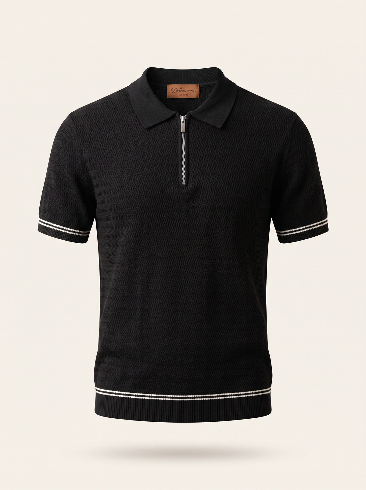 Black Zigzag Textured Zipper Polo