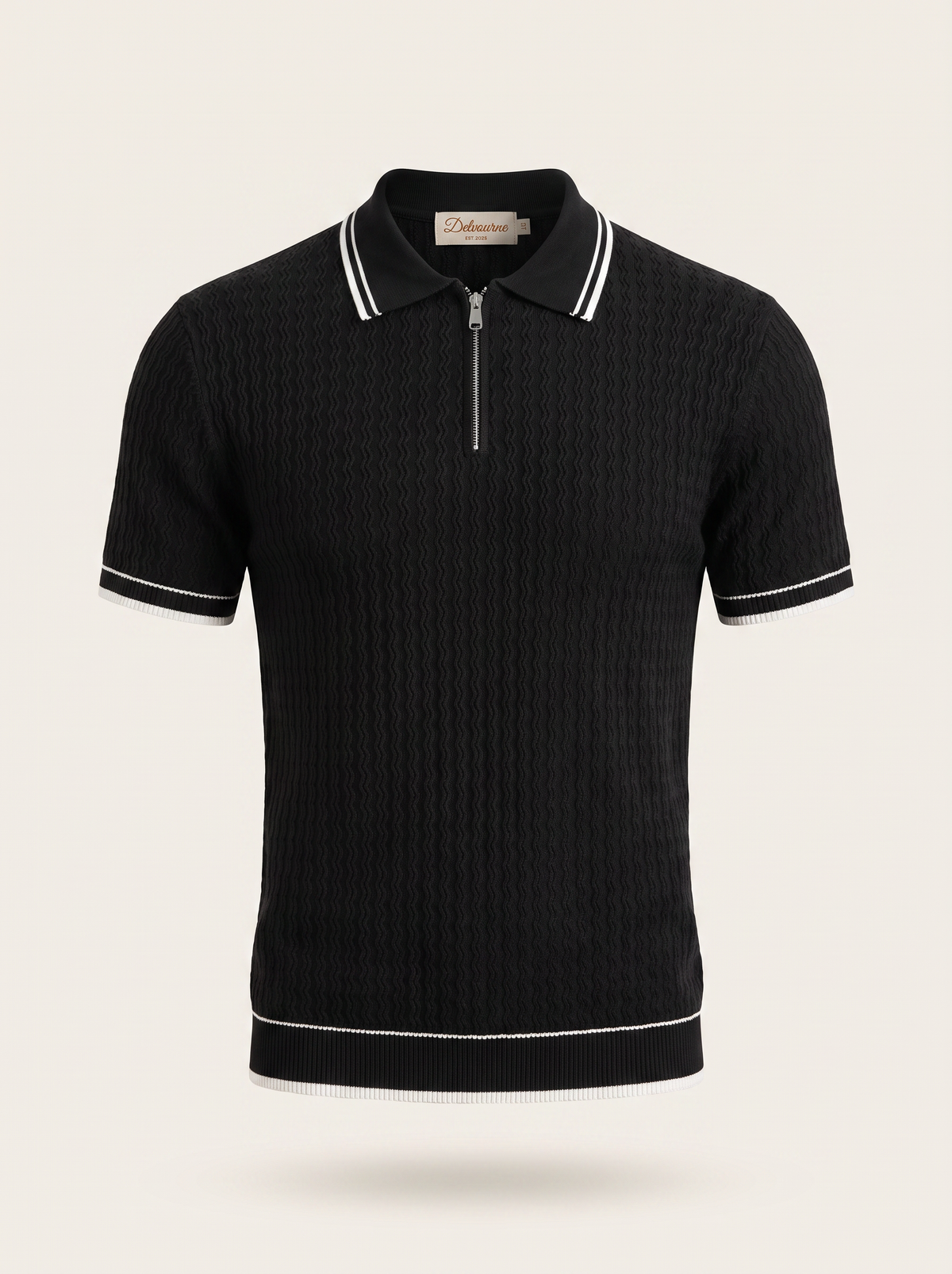 Black Wavy Textured Zipper Polo