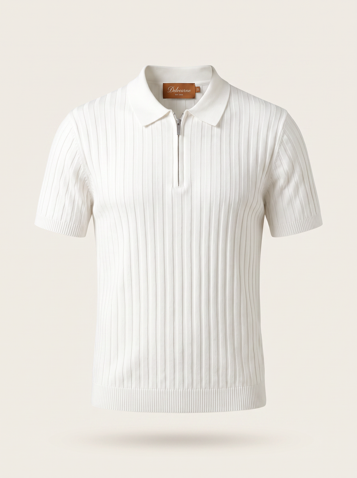 White Ribbed Zipper Polo