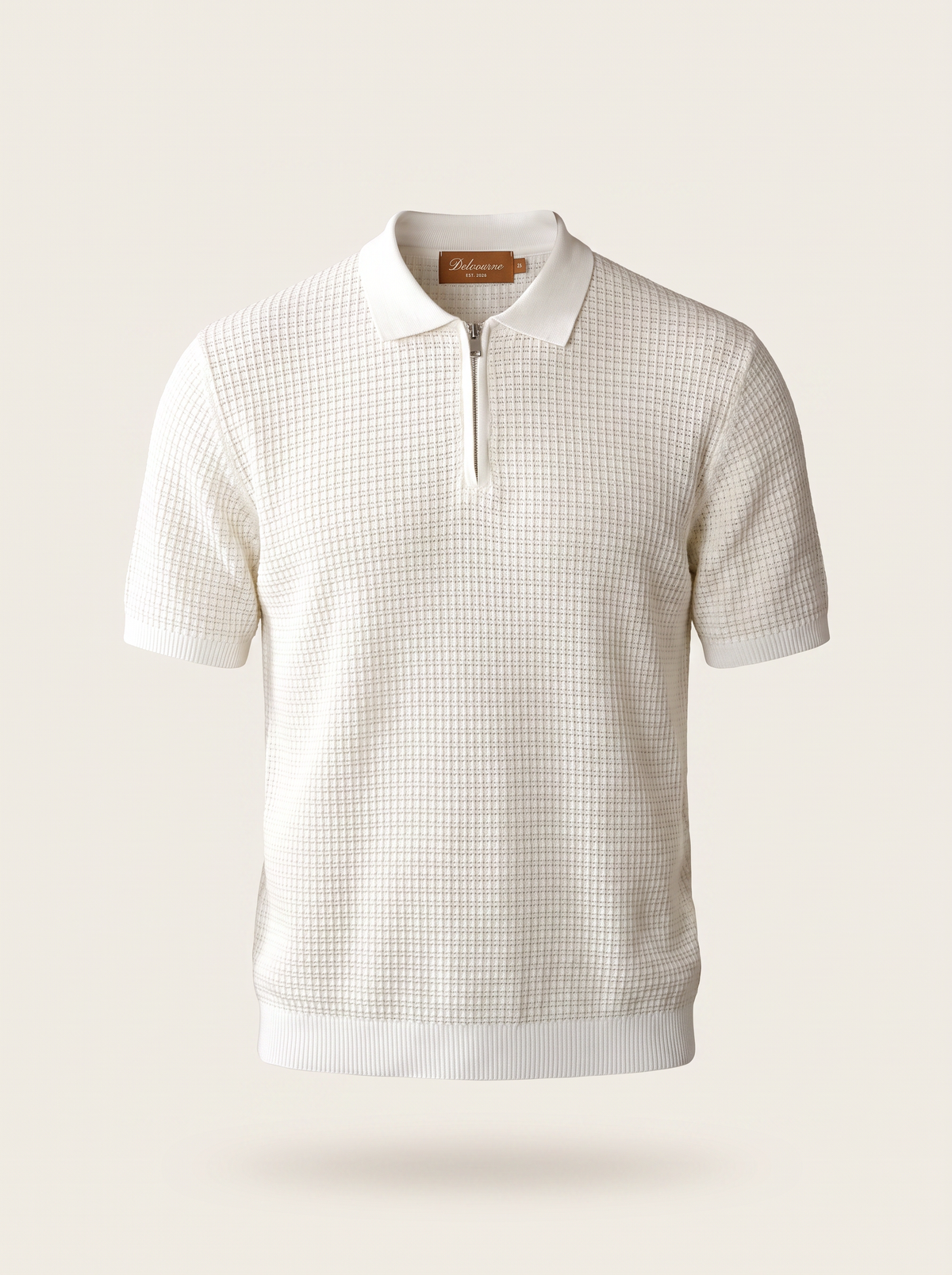 White Geometric Textured Zipper Polo