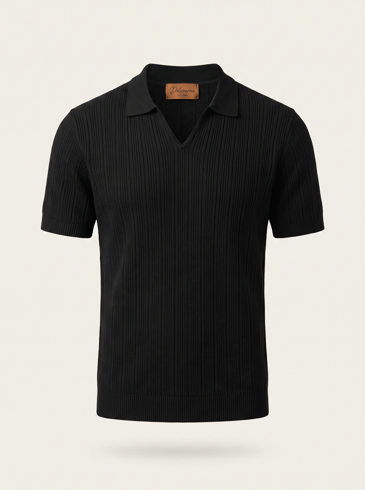 Black Open Collar Ribbed Polo