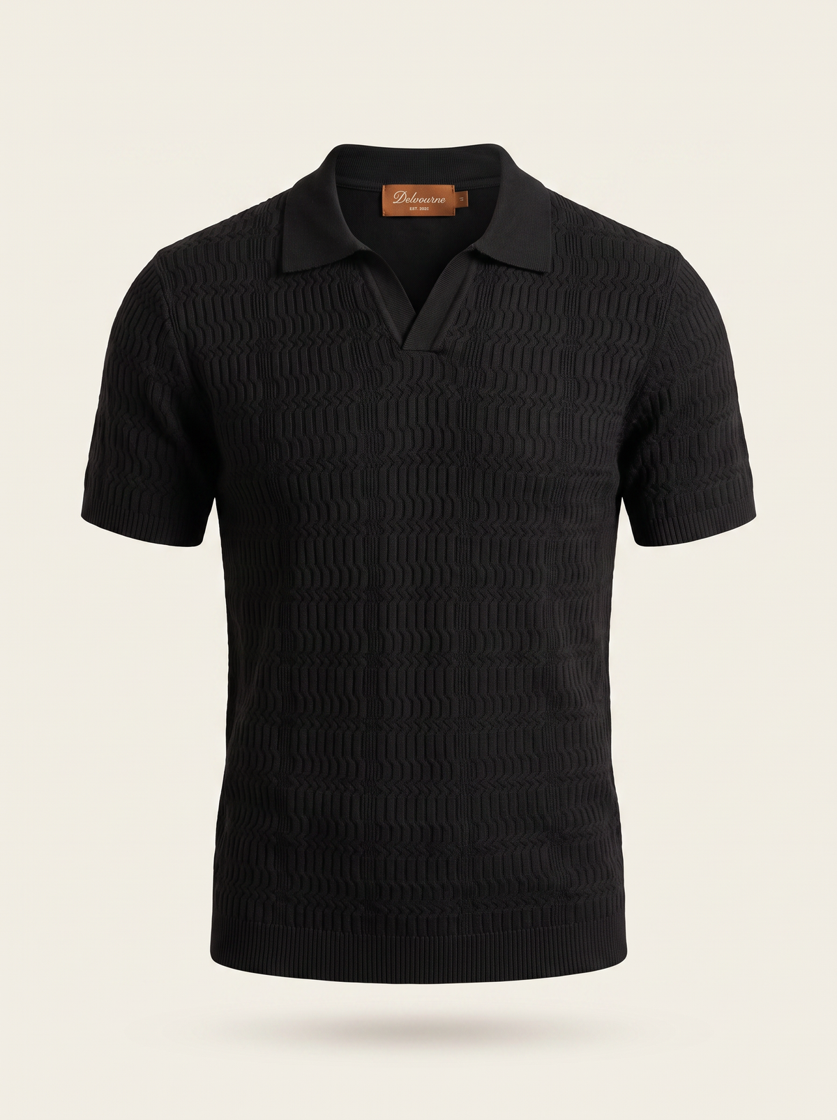 Black Patterned Knit Buttonless Polo