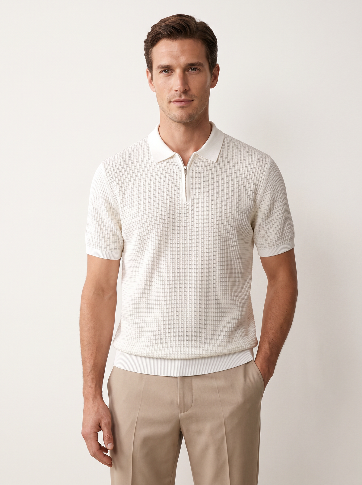 White Geometric Textured Zipper Polo
